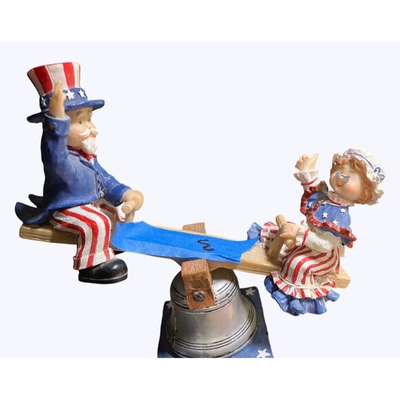 Patriotic Uncle Sam and Lady Liberty Seesaw Figurine On Liberty Bell Base - Picture 2 of 16